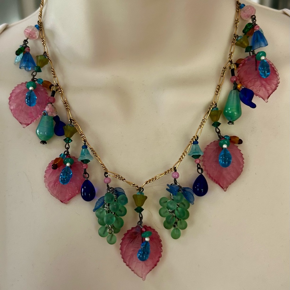 Pink and Green Cascading Necklace with Leaf Design